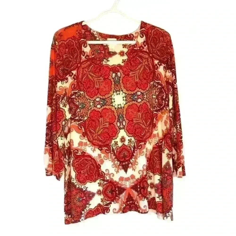 Chicos 3 top v-neck 3/4 sleeve orange pink paisley